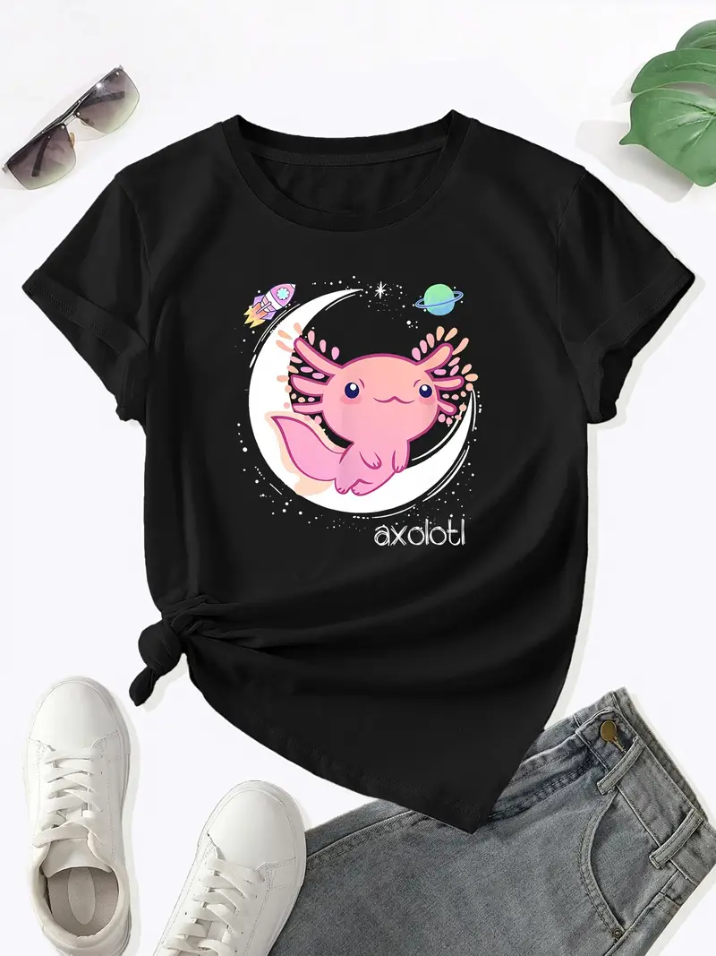 Camiseta De Gola Redonda Com Estampa De Desenho Animado Axolotl, Camiseta  De Manga Curta Kawaii Para Primavera E Verão, Roupas Femininas, Compre  Mais, Economize Mais