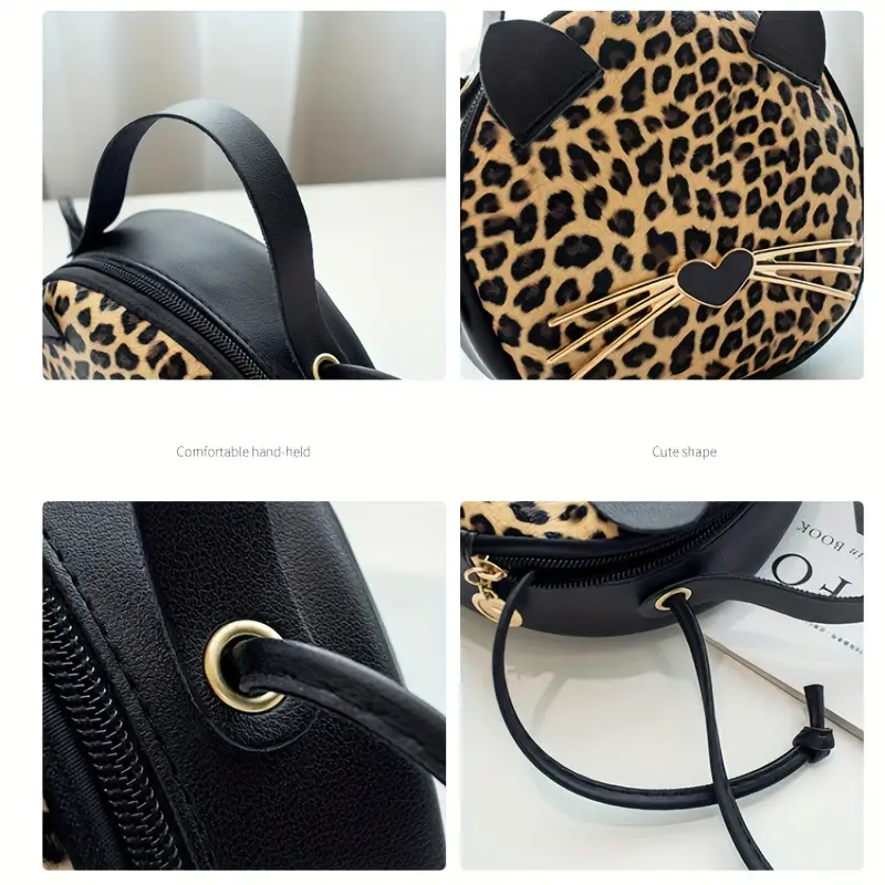 cute cat crossbody bag for women glitter sequins round handbag fashion leopard print shoulder purse details 6