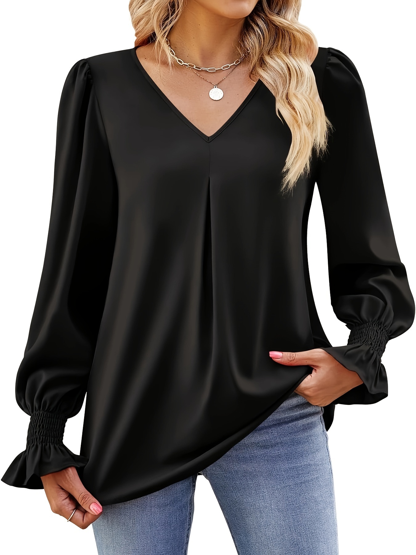 Long-sleeve dress shirt with V-neck and loose chiffon top