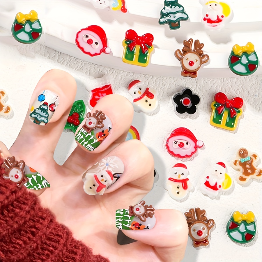 10pcs 3D Christmas Nail Charms Kawaii Christmas Nail Charm Cartoon Santa  Claus Elk Bells Tree Gloves Nail Art Charms for Nails