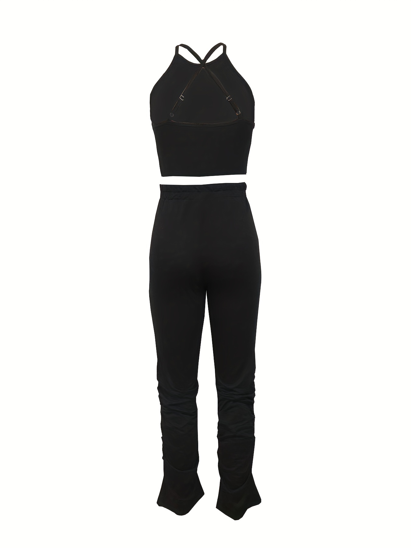 Sexy Solid Two-piece Pants Set, Criss Cross Crop Top & Split Pants Outfits,  Women's Clothing