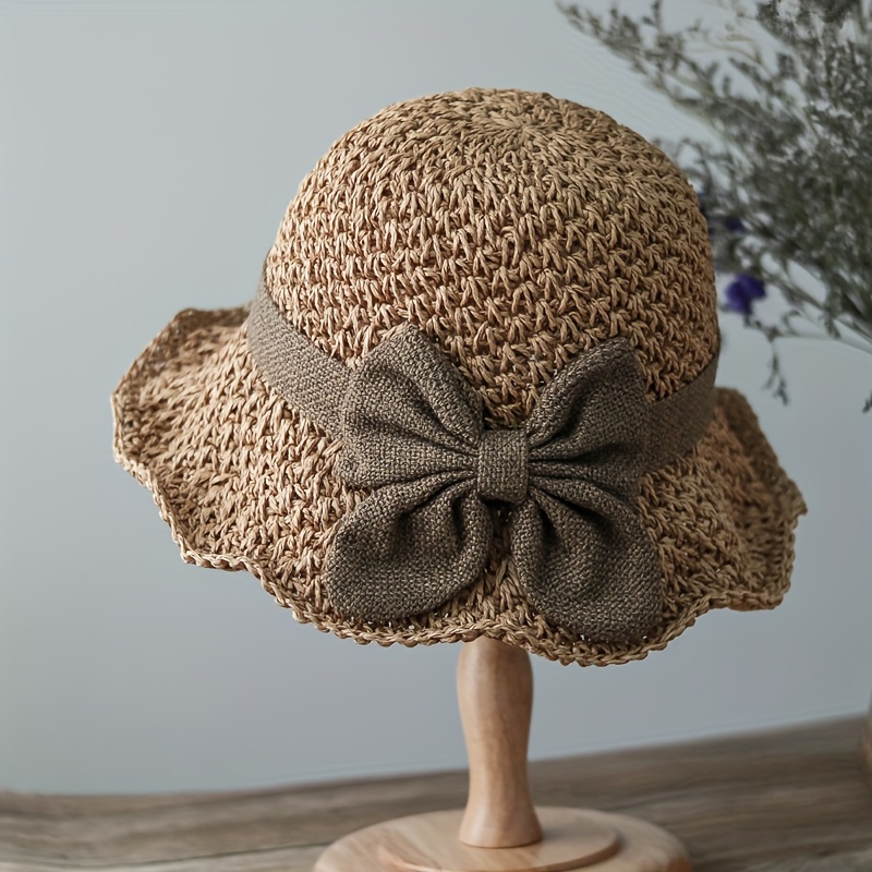 vintage ruffle bowknot straw hat elegant french style sun hats foldable breathable travel beach hats for women details 0