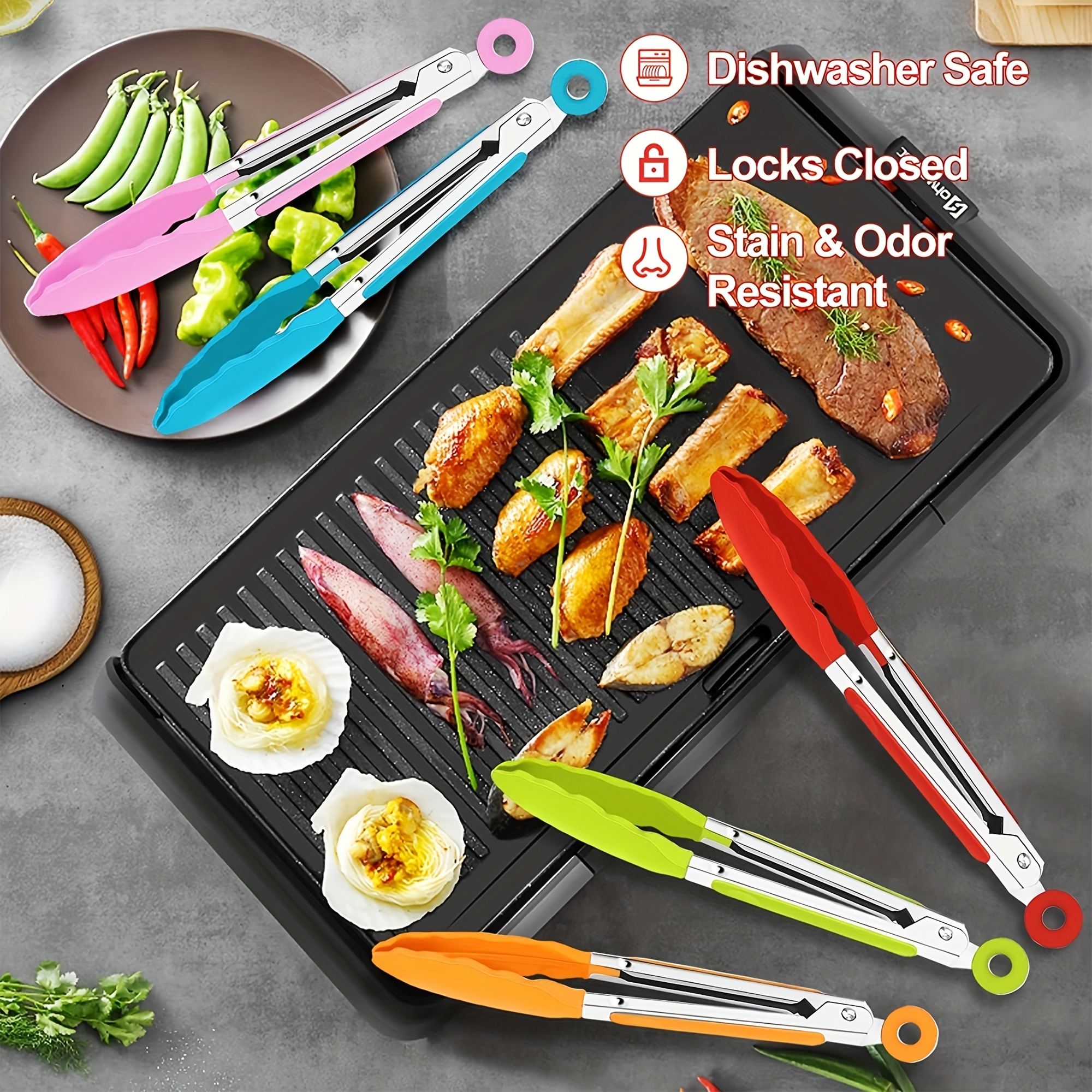 Silicone Kitchen Tongs for Cooking with Silicone Tips, Heat Resistant Tongs  for Serving Food, 7-Inch, 9-Inch, 12-Inch Locking Silicone Tongs, Set of 3