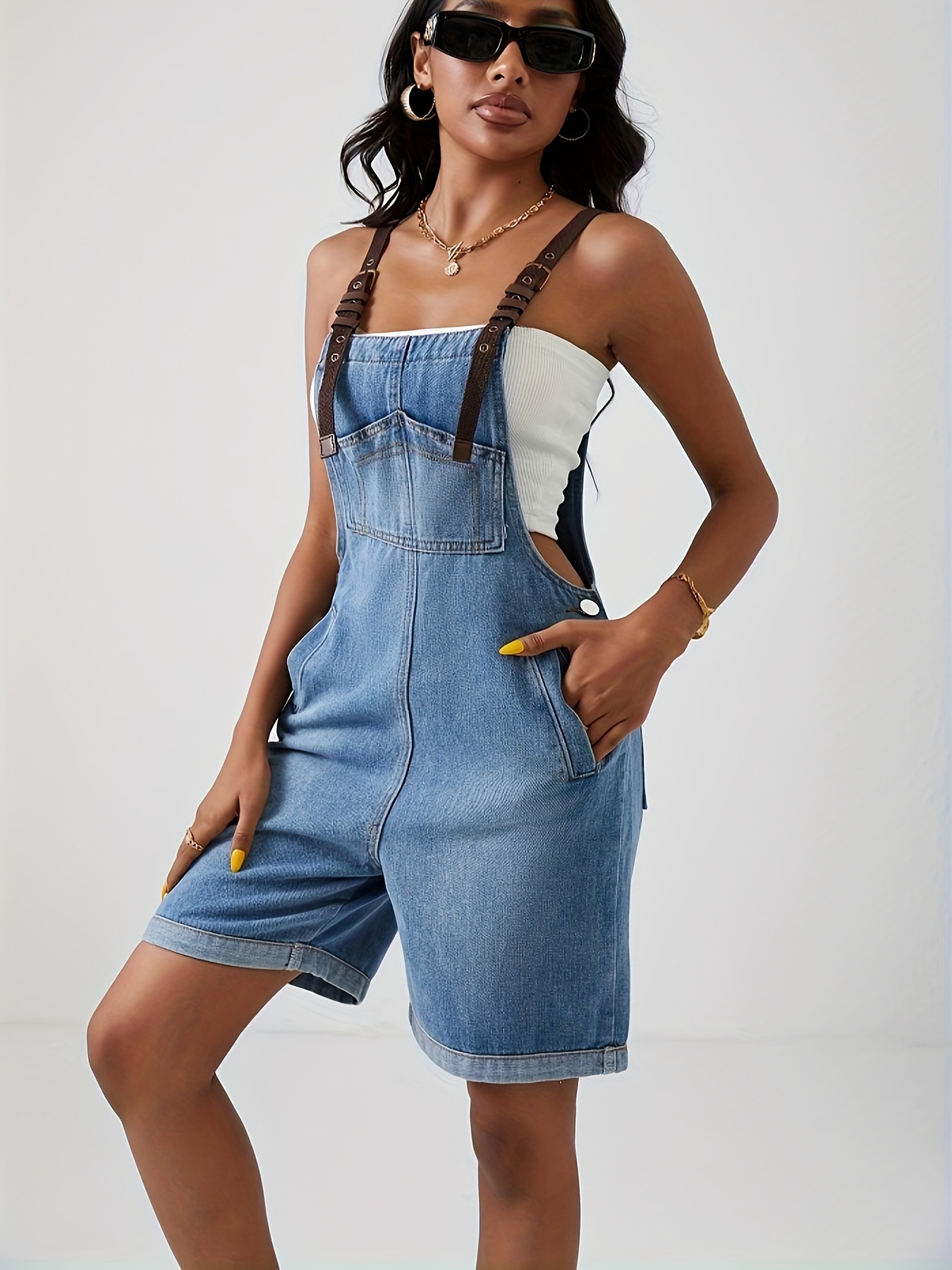 Loose Side Pocket Sleeveless Denim Jumpsuits Casual - Temu