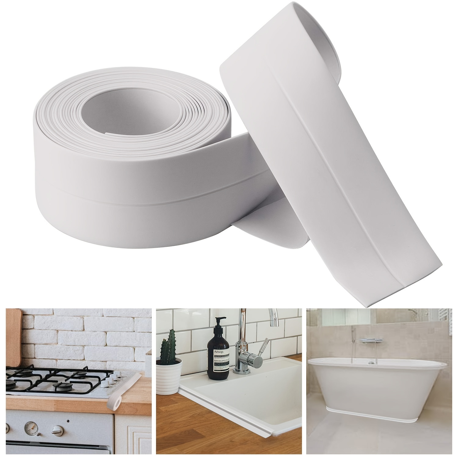 Bande d'étanchéité Salle de bain Blanc Silicone Seal Tape Tub PE  Auto-adhésif Coin cuisine Calfeutrage Ciseaux inclus (320x3.8CM)