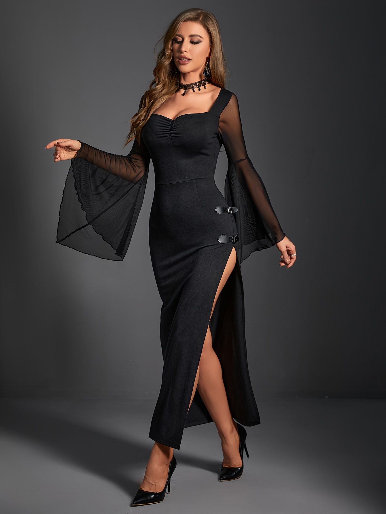 Color Block Lace A line Dress Gothic Flared Sleeve - Temu