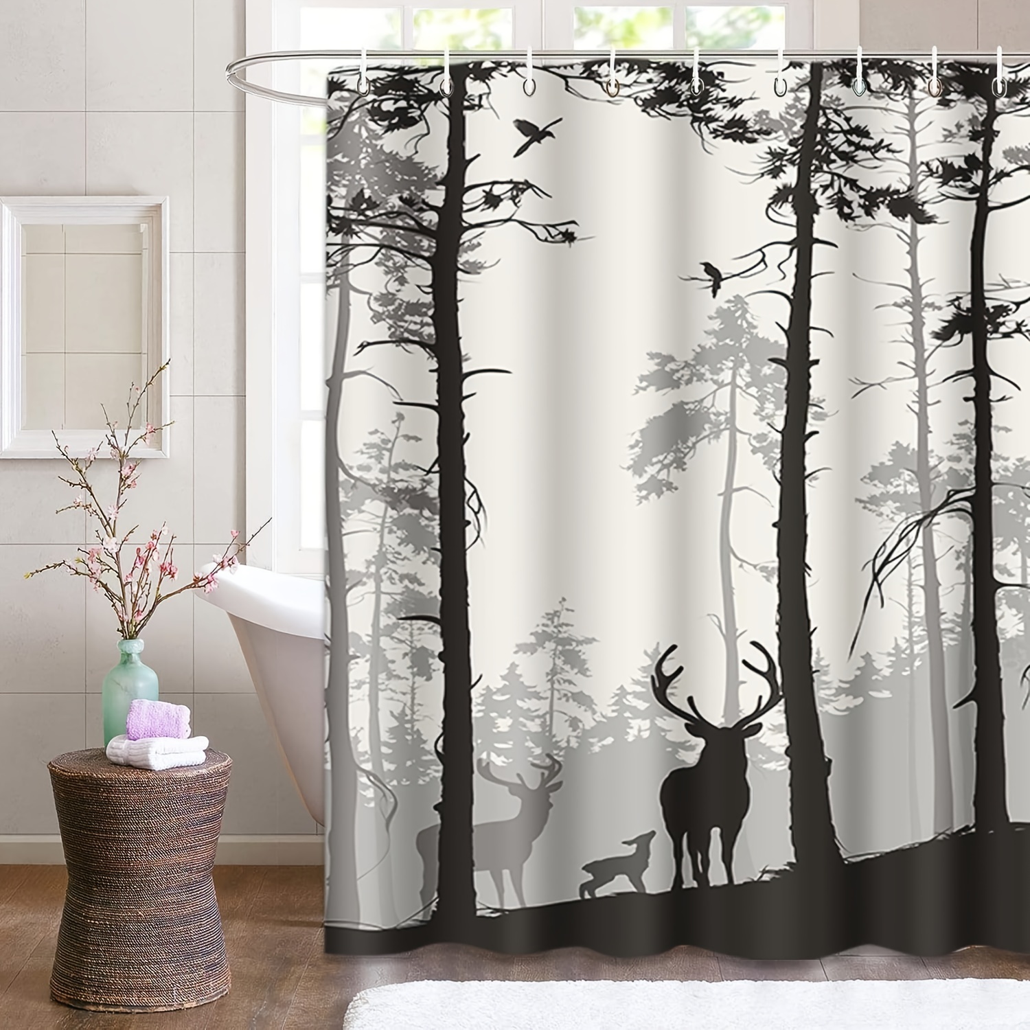 Forest Black Bear Winter Cabin Waterproof Bathroom Shower Curtain with12  Hooks