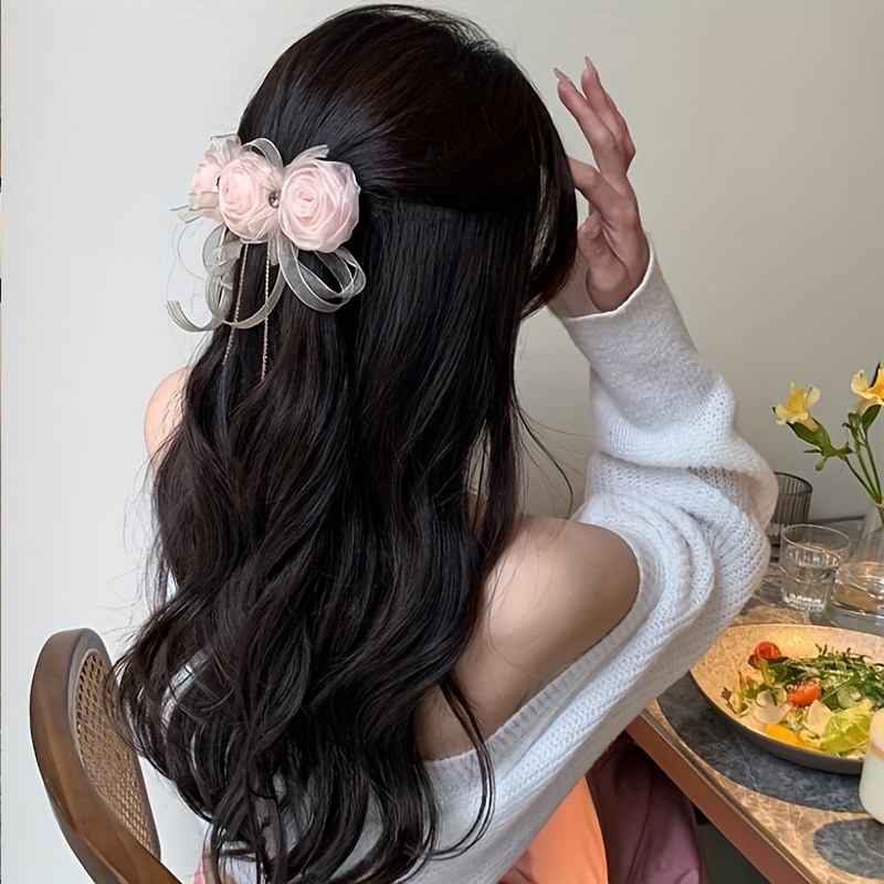 Rose Flower Top Clip Silk Yarn Bow Hair Clip Female Back - Temu