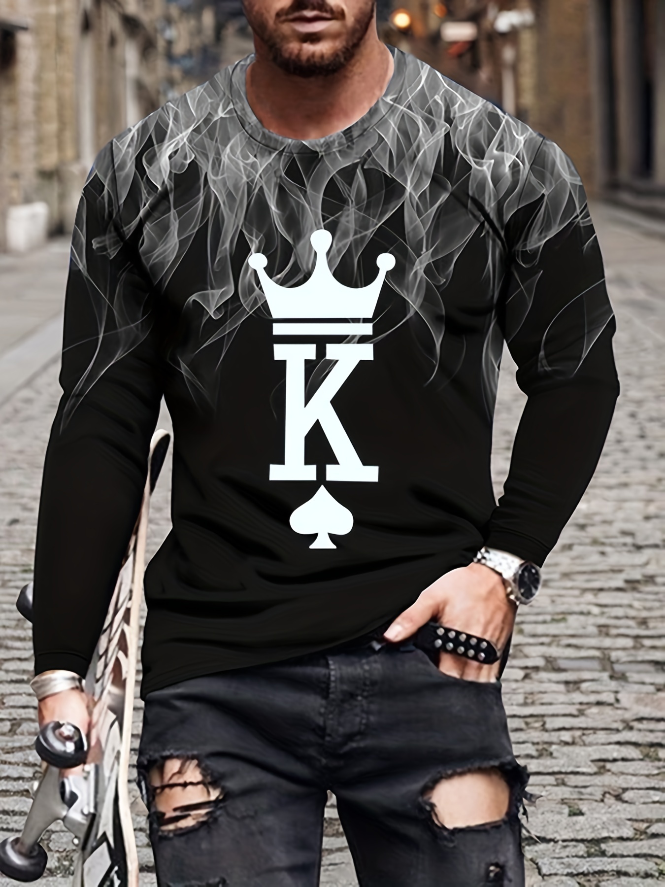 Poker Card 3d Print Camiseta Manga Larga Hombre Tops Cuello - Temu