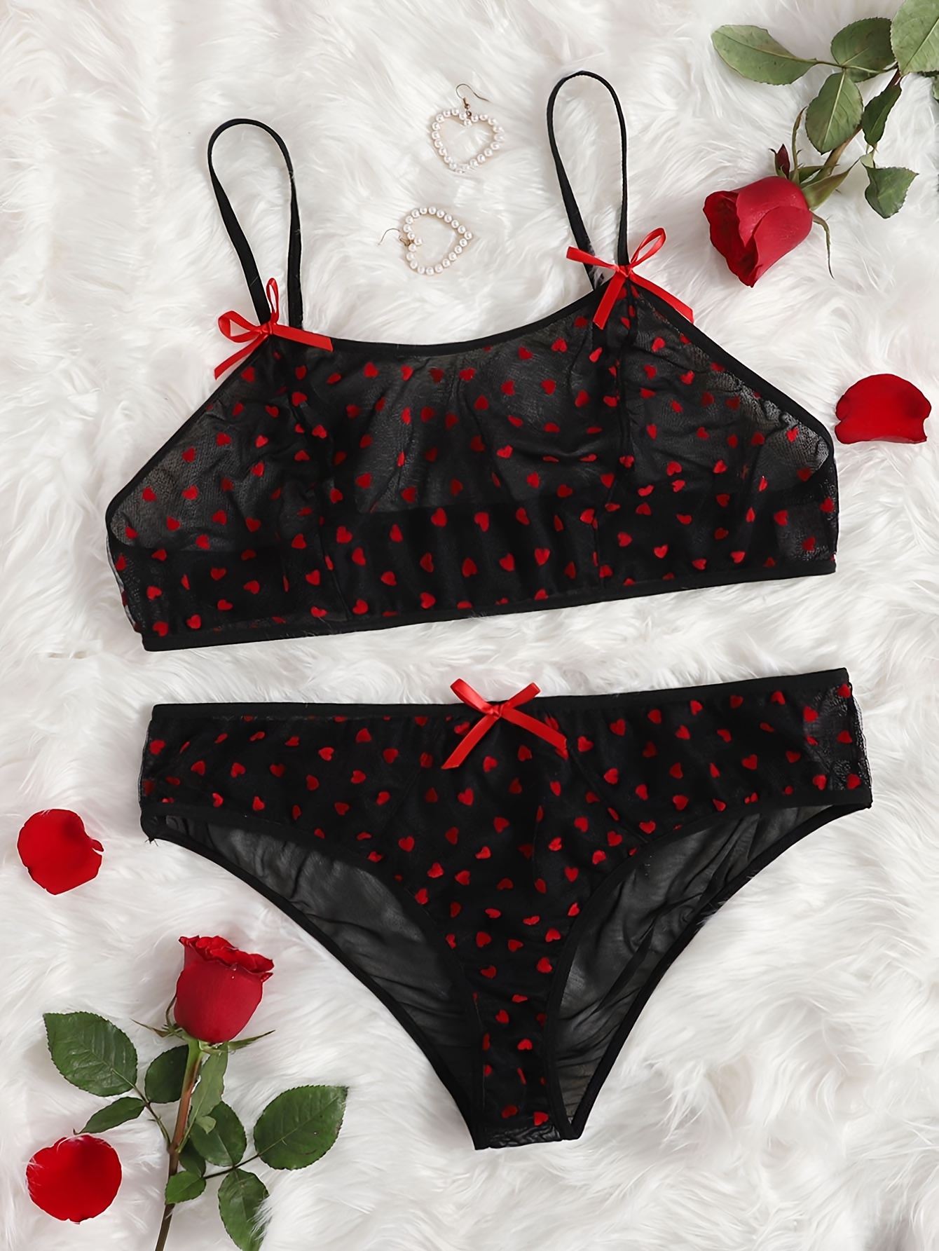Women's Valentine's Day Sexy Lingerie Set, Plus Size Heart Pattern Bow  Front Semi Sheer Bra & Panty Lingerie 2 Piece Set