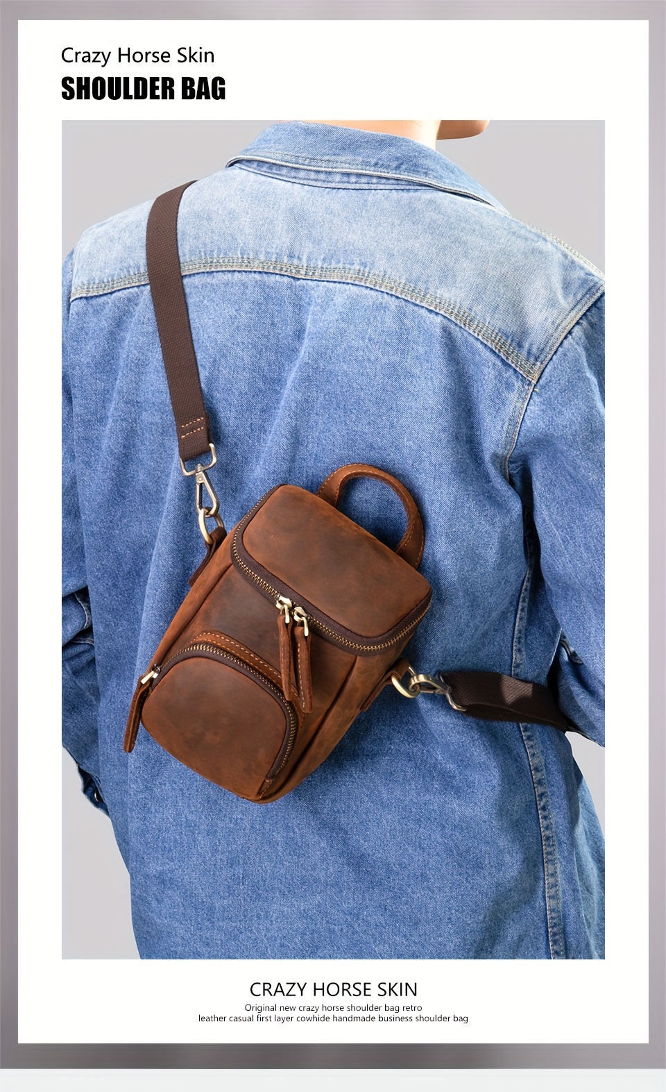 Crazy Horse Leather Messenger Bag Men Shoulder Bag Retro Crossbody Bag  Casual Satchel