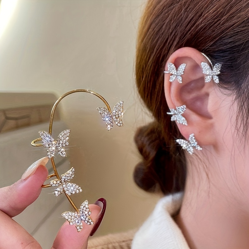 1 Pair Shiny Butterfly Ear Cuff, Zircon Decor Cute Animal Japanese and Korean Style Ear Cuff, No Piercing, Earring Jewelry, Jewels Gifts for Women