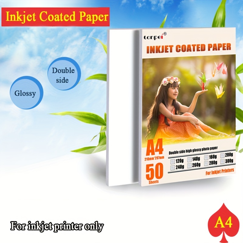 

A4 Double Side High Glossy Inkjet Coated Paper For Use In Inkjet Printer Making Menu Cover Instructions Brochures Name Card Magzine Photo Picture 50sheets 8..3inch*11.7inch