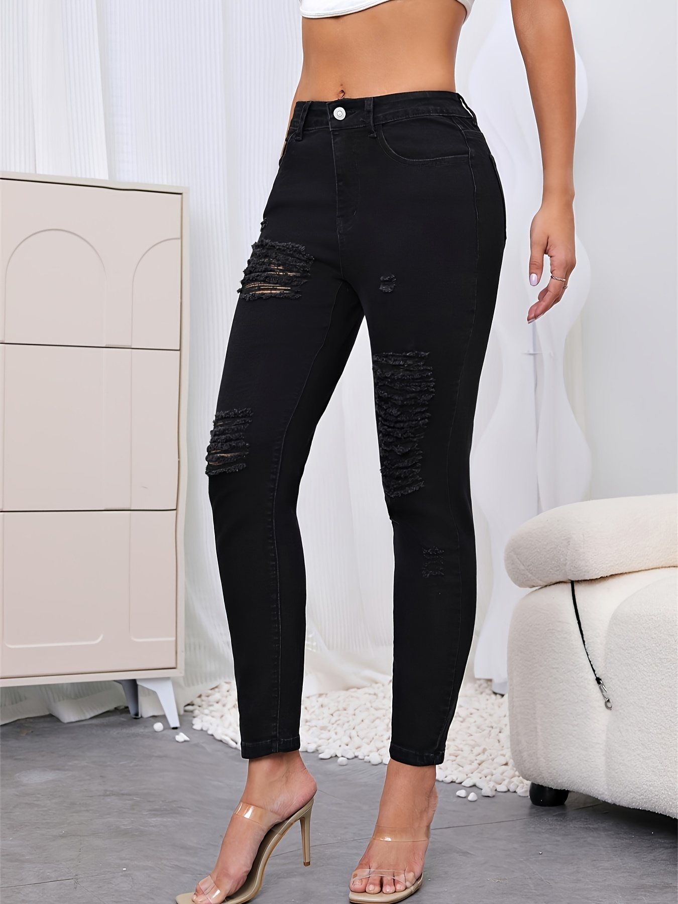 Black Ripped Holes Skinny Jeans, Slim Fit * Hem Capris Casual Denim Pants,  Women's Denim Jeans & Clothing