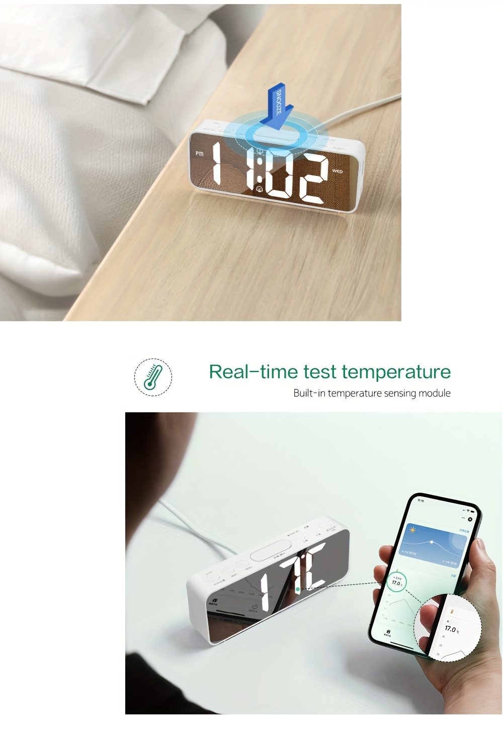 1pc Dst Led Alarm Clock 3 Levels Of Brightness Adjustment Mirror