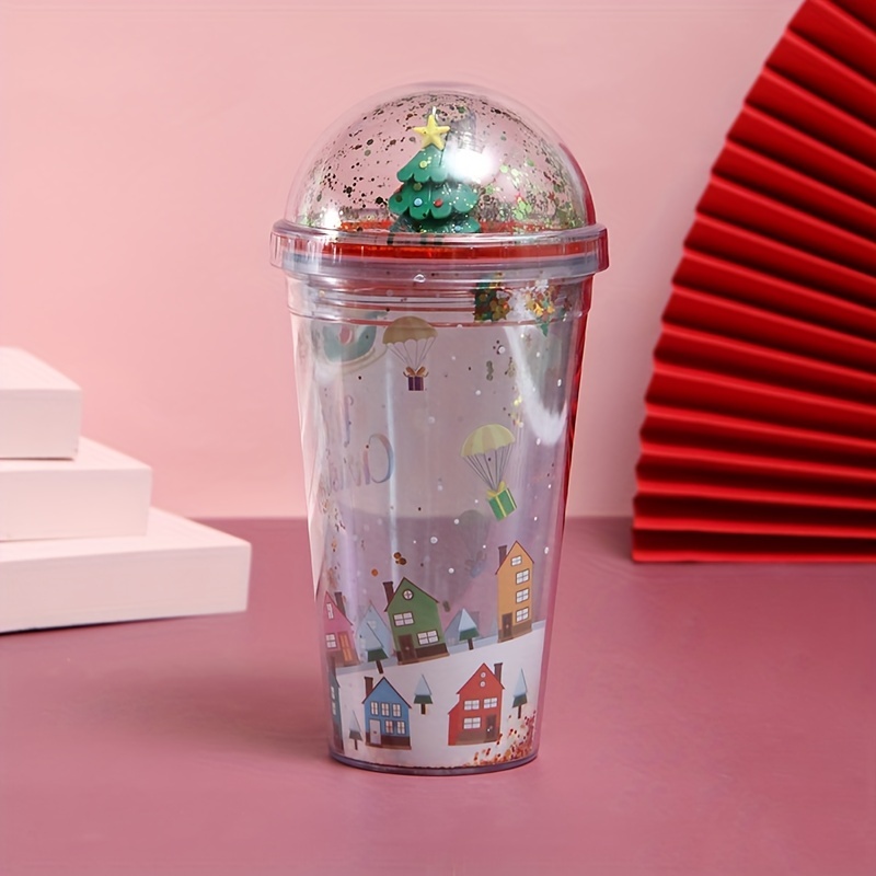1pc Red Christmas Ice Cream Tumbler Cup With Lid And Straw