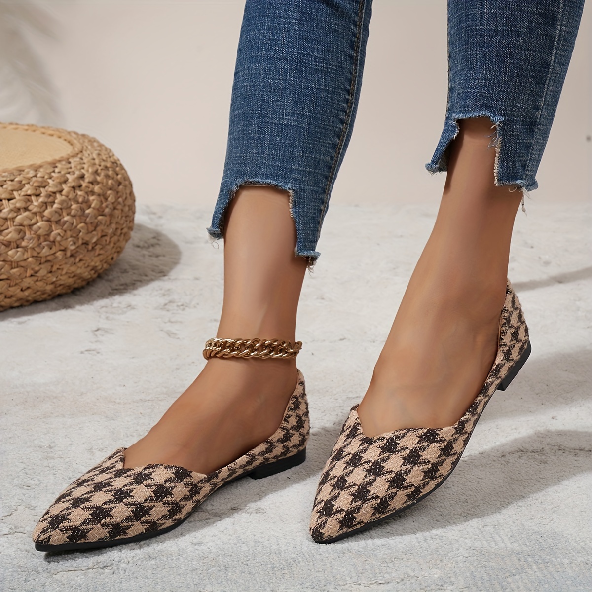 Women s Houndstooth Flat Shoes Pointed Toe Soft Sole Slip Temu