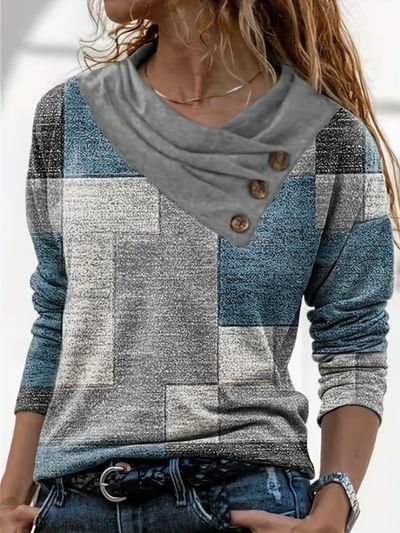patchwork print button decor cowl neck t shirt casual long sleeve top for spring fall womens clothing
