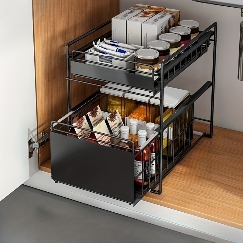 Pull Out Organizer, 2 Tier Under Kitchen Sink Organizers And Storage  Cabinet Slide Out Shelves, Pull Out Drawers For Kitchen Cabinets, X  16.5dx13h Inches, Black, Kitchen Supplies - Temu