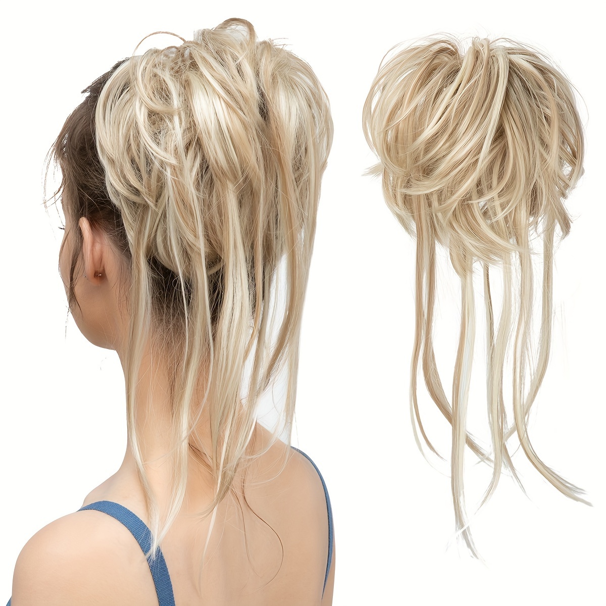 Image of Messy Bun Hair Piece Curly Hair Bun Extensions With Straight Tails Hair Scrunchies Ponytail Hairpieces For Women