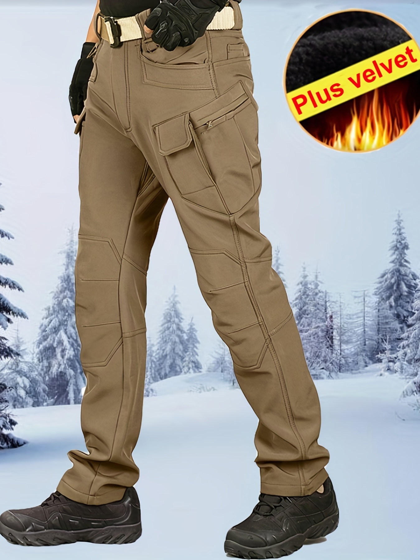 Men's Fleece Lined Camo Hiking Tactical Ripstop Pants Winter