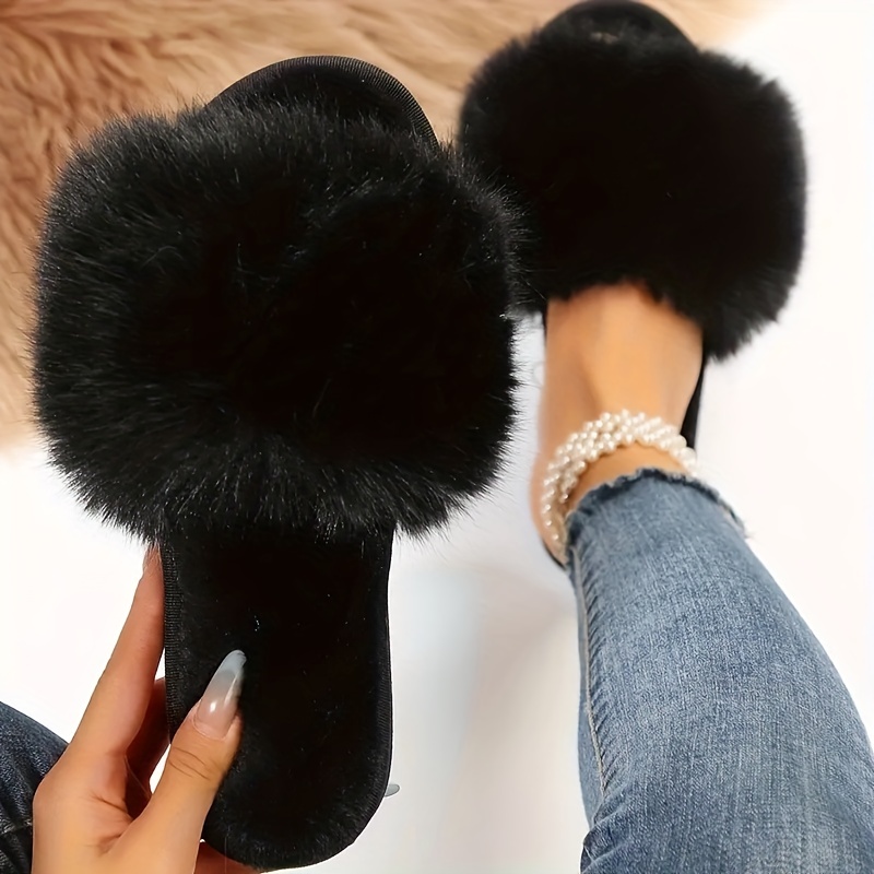 Winter Fluffy Flat Home Slippers Solid Color Open Toe Soft - Temu