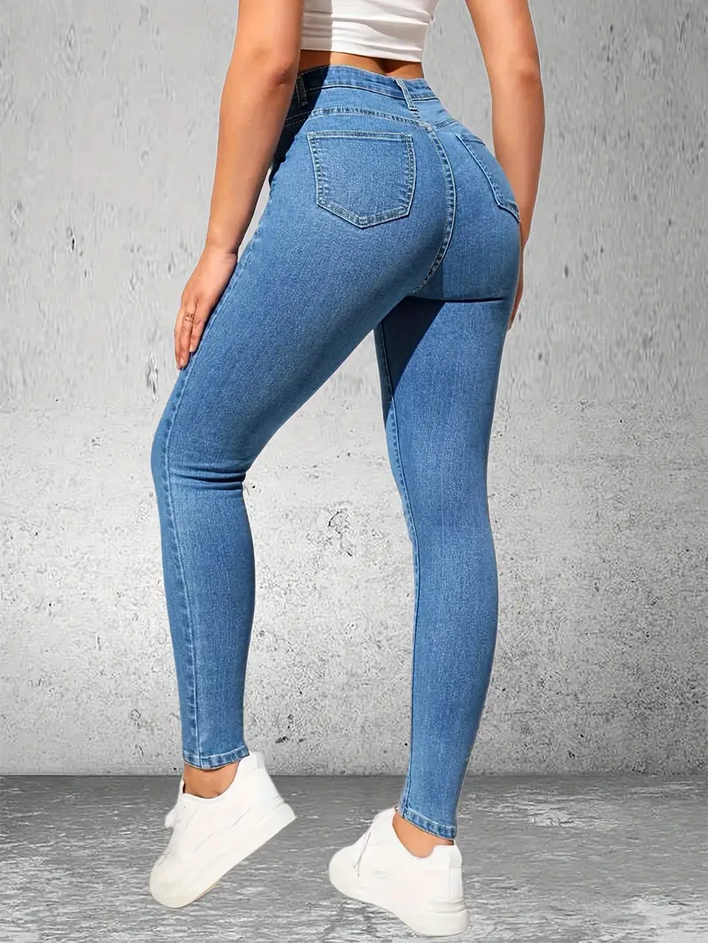 Blue Slant Pockets Skinny Jeans Slim Fit High Stretch Tight - Temu