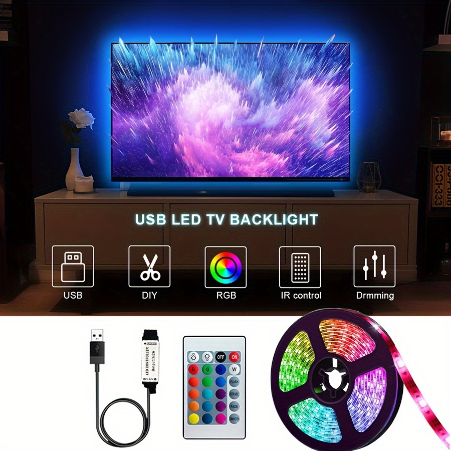Tira de luces LED RGB de 3M de 10 pies, IP65, impermeable, de color,  retroiluminación USB de TV con control remoto, 16 colores que cambian 180  5050
