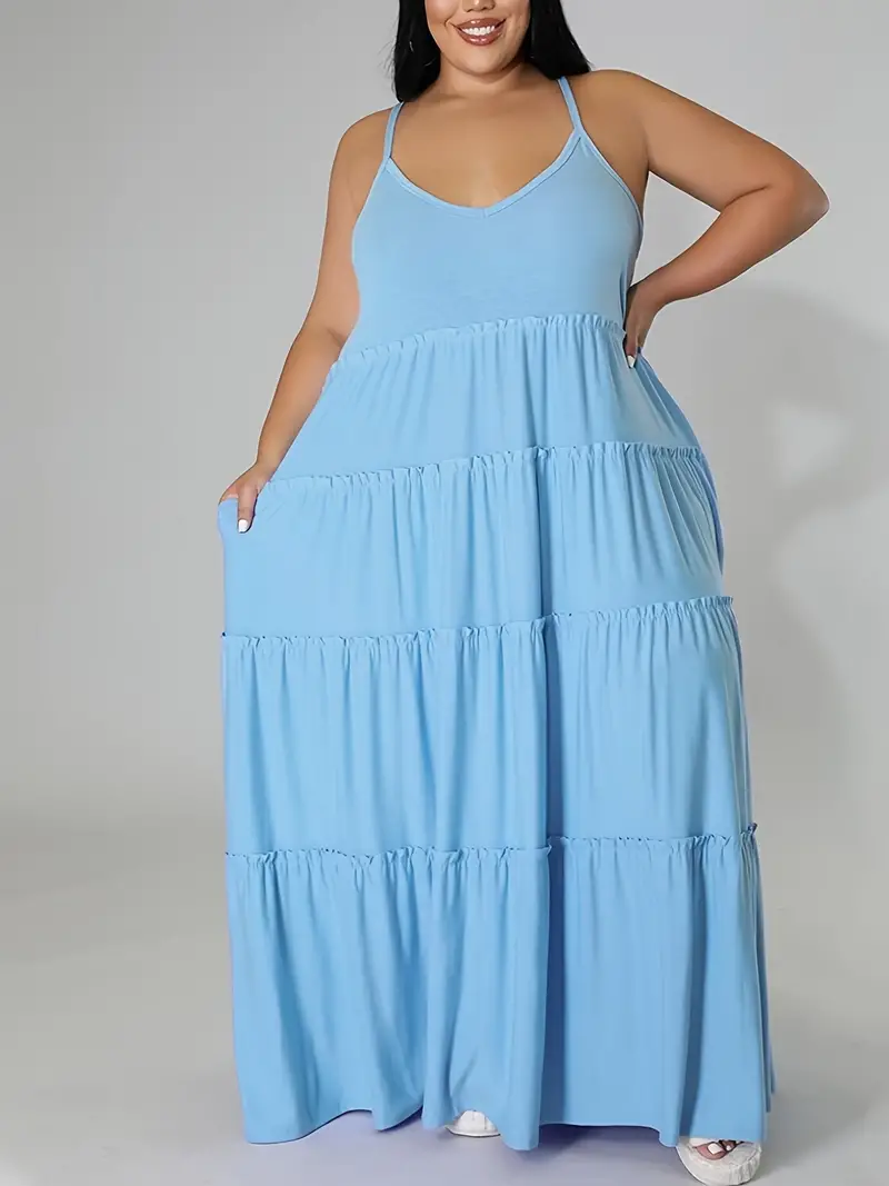 Plus Size Solid Layered Loose Fit Cami Maxi Dress Women's - Temu
