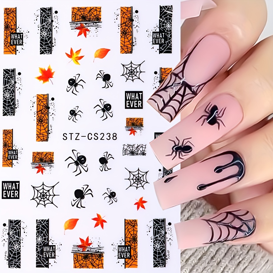 8 Sheets Halloween Fall Autumn Nail Art Stickers Decals Self Adhesive  Pegatinas para Uñas Cute Horror Skull Spider Web Pumpkin Design Manicure  Tips