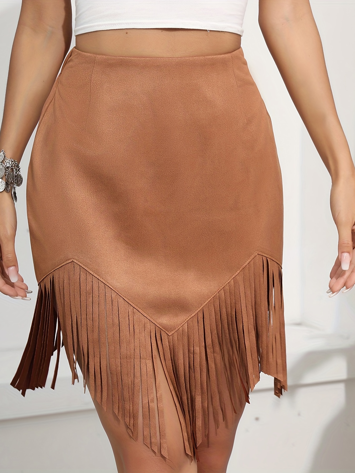 Western Fringe Hem Zip Skirt Casual Asymmetrical Hem Skirt - Temu
