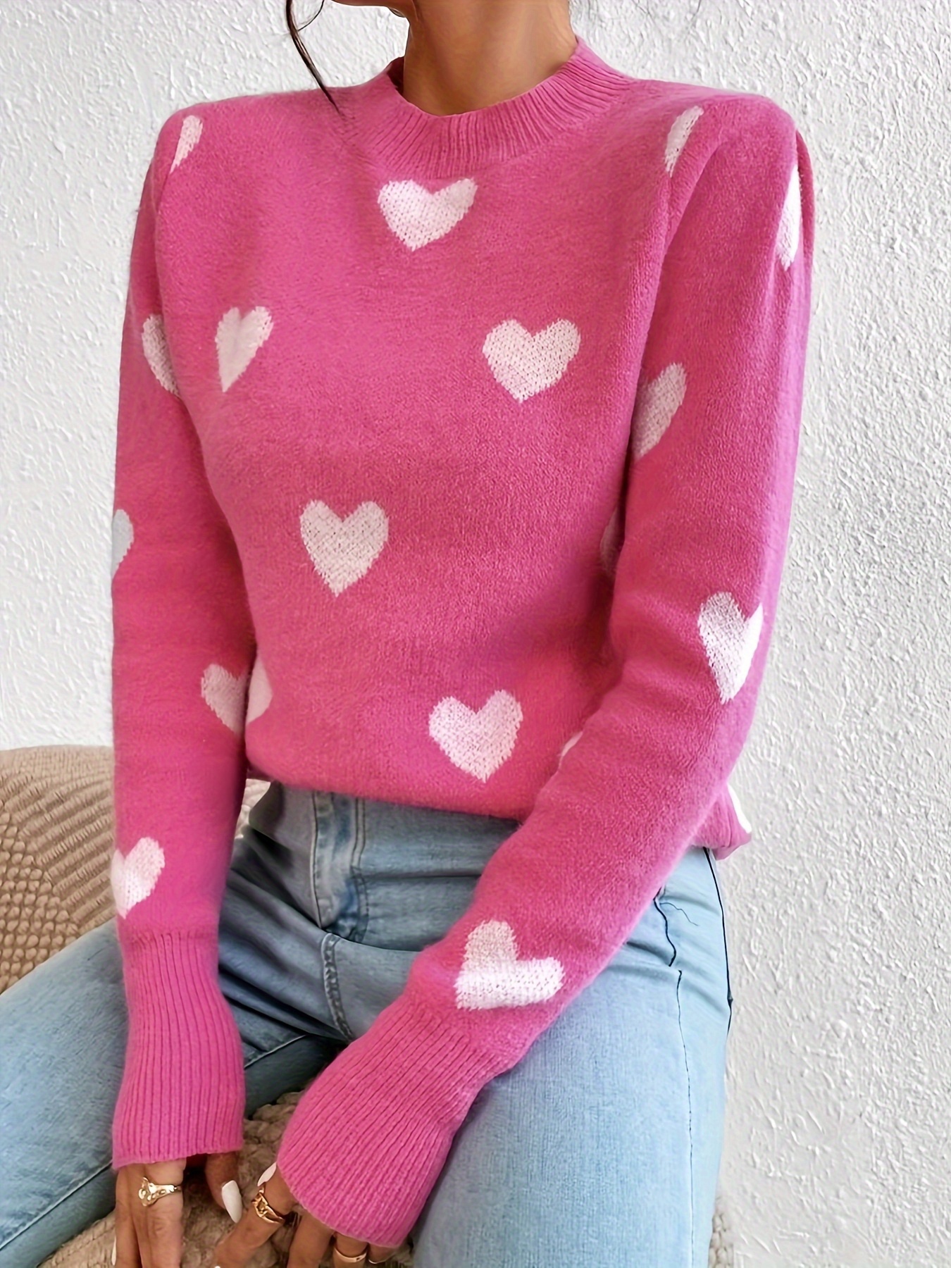 Heart Pattern Crew Neck Sweater Casual Long Sleeve Pullover - Temu