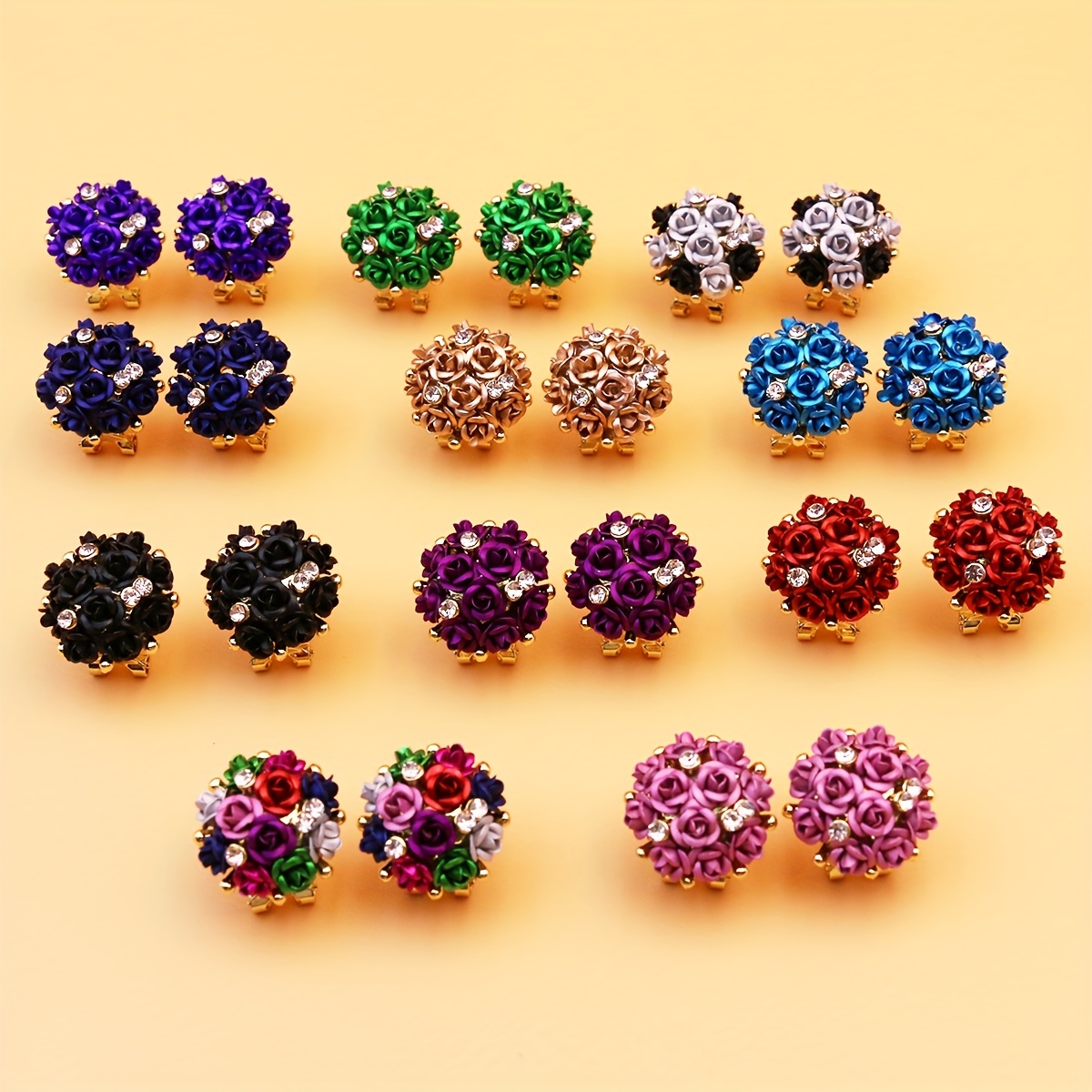 TEMU Exquisite Full Flower Decor Ball Design Cluster Earrings With Rhinestone Decor Elegant Style Alloy Jewelry Daily Casual