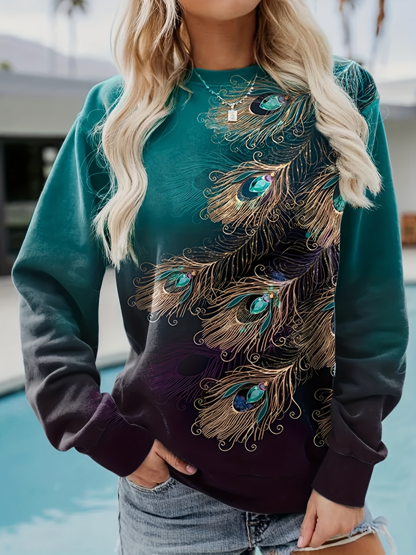 Peacock Feather Print Pullover Sweatshirt Casual Long Sleeve - Temu Canada