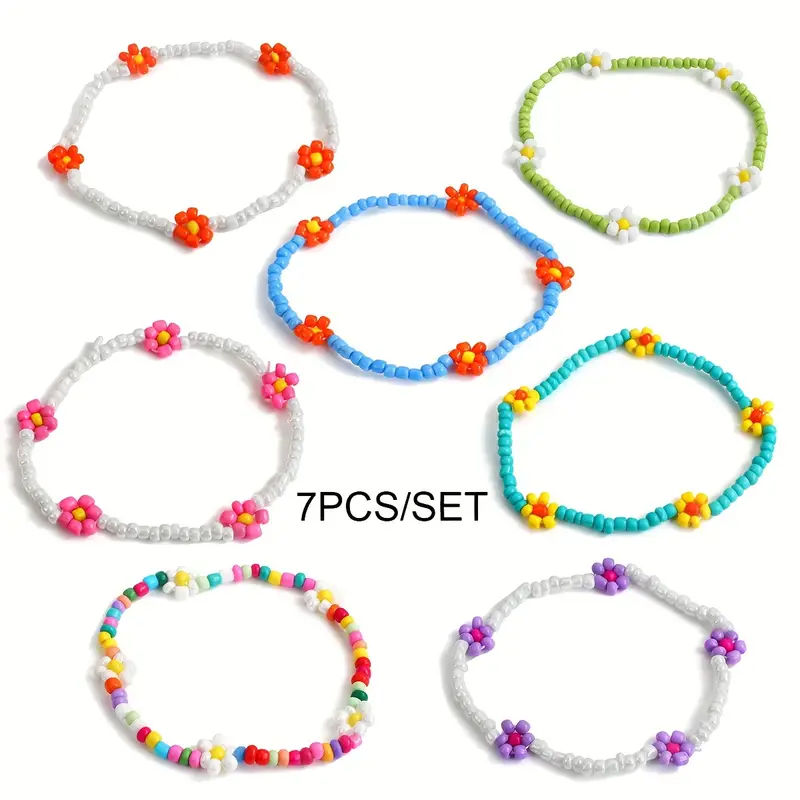 Boho Handmade Multicolor Stretchable Daisy Flower Decor Beaded Bracelets,  Elastic Rope Chain Bracelet For Girls - Temu