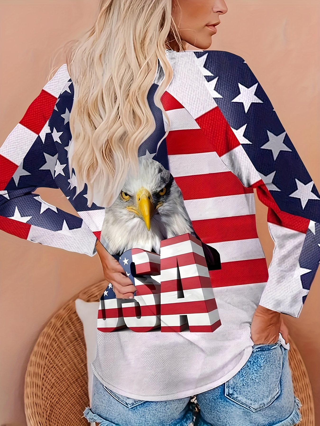 flag eagle print crew neck t shirt casual long sleeve top for spring fall womens clothing details 0
