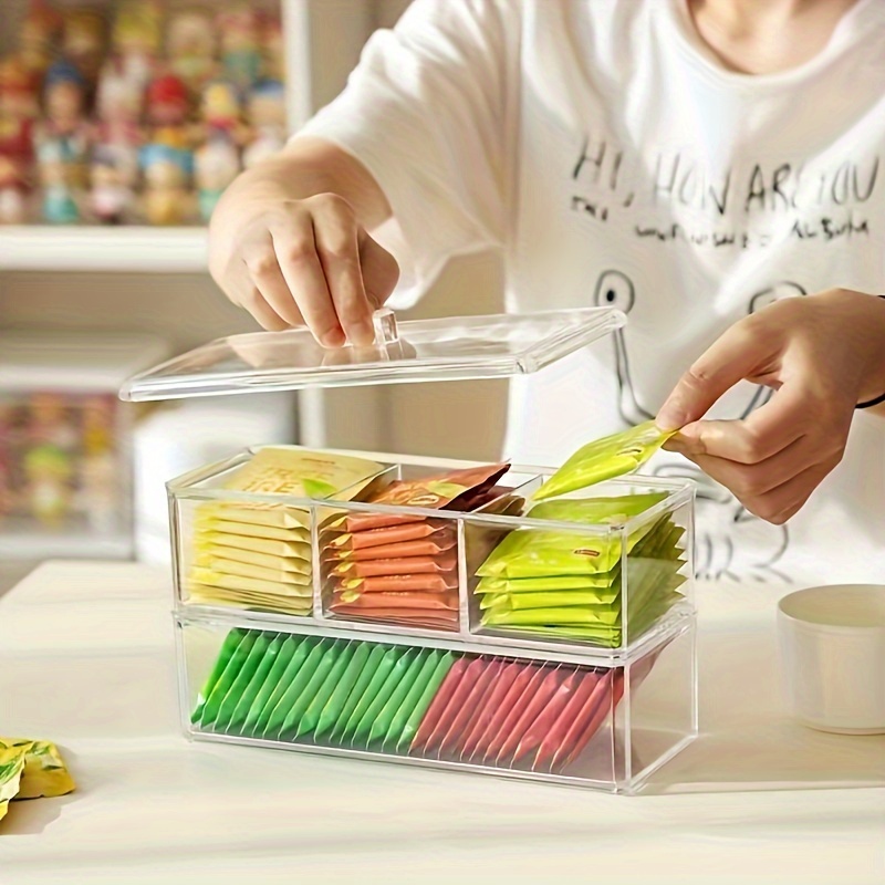 Transparent Tea Bag Storage Box with Lid Divided Storage Bins