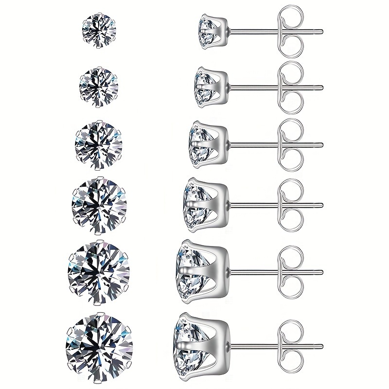 

6pairs/set 3-8mm Stainless Steel Stud Earrings With Sparkling Hypoallergenic Cubic Zircon For Men And Women