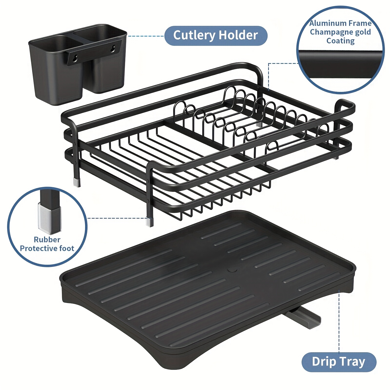 Rustproof Aluminum Dish Drying Rack With Drainage, Utensil And Cup