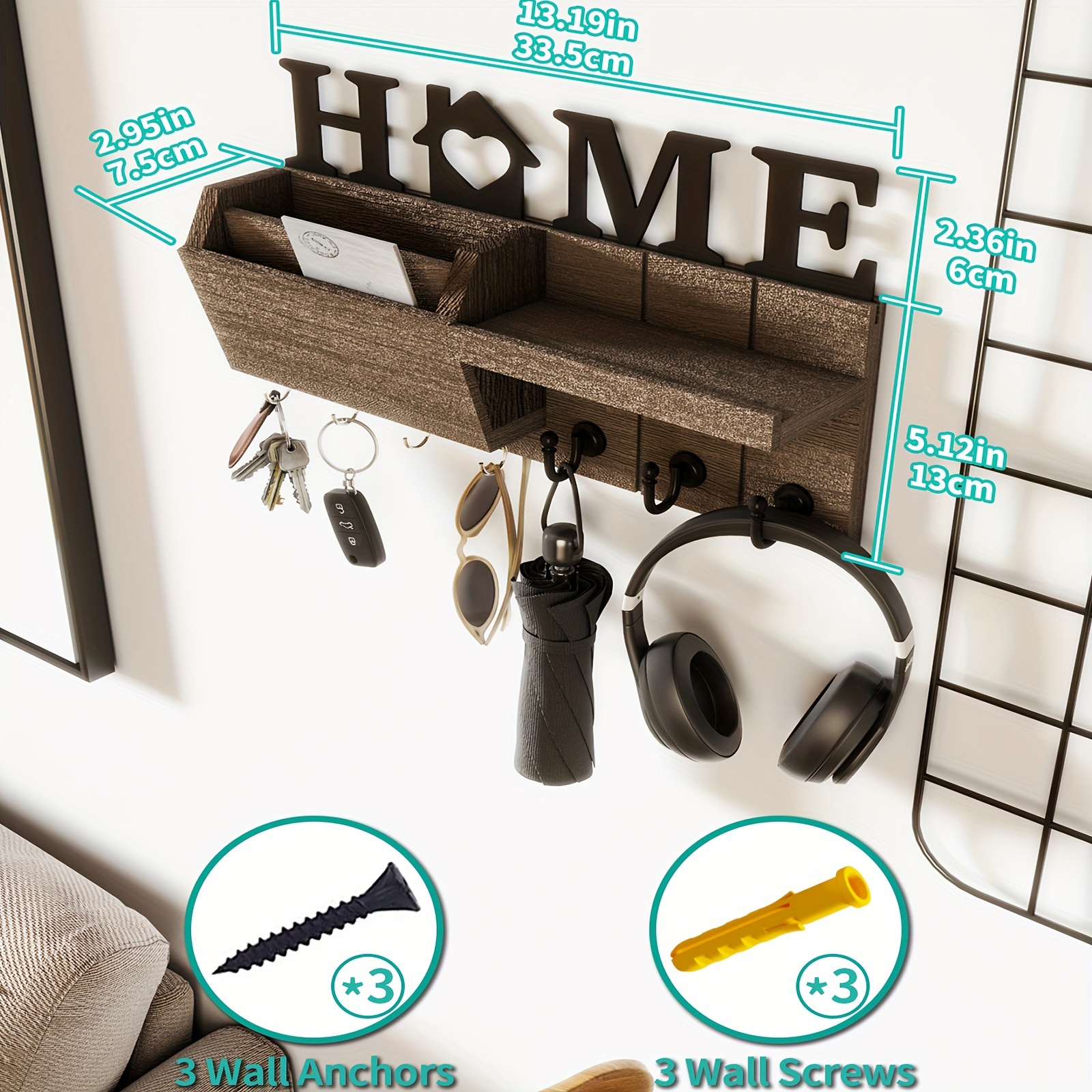 Wooden Wall-Mounted Key Holder Set with 7 Hooks for Keys and Mail