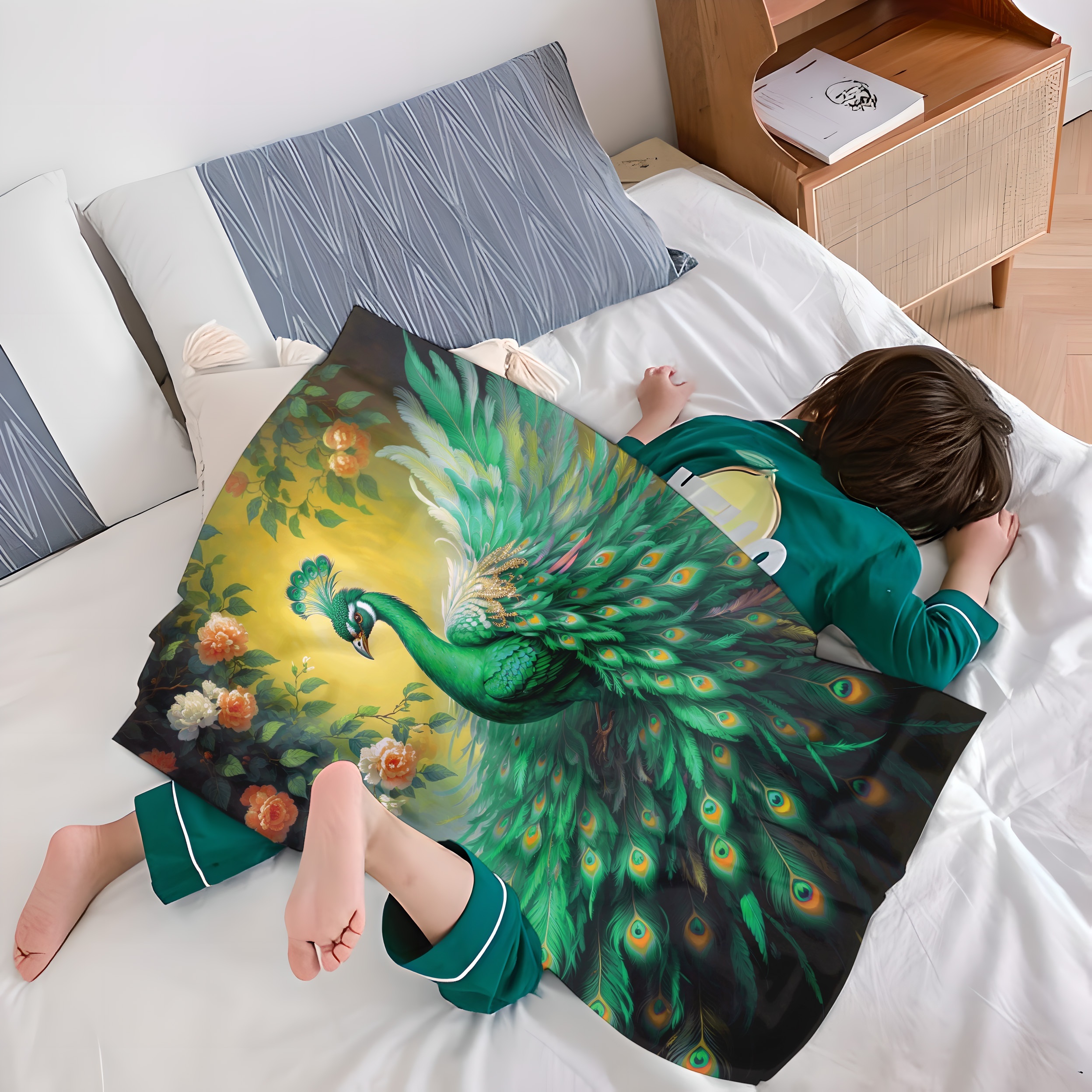 1pc Green Peacock Flannel Ultra clear Printed Throw Blanket Gift Blanket Comfortable Warm And Soft Sofa Blanket Suitable For All Seasons Suitable