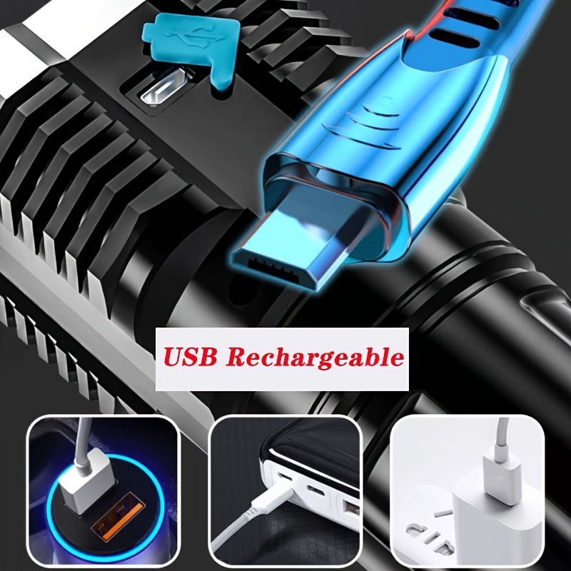 1pc led flashlight powerful 4 led flashlight with cob side light 4 modes usb rechargeable led torch waterproof built in battery flashlight camping tool details 5