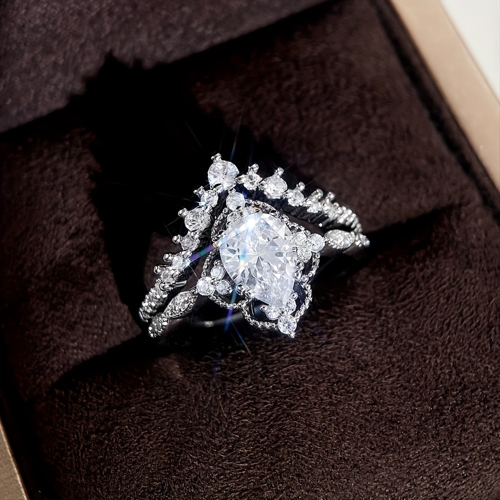 Luxury Couple Ring Silver Plated Inlaid Elegant Square Shape - Temu