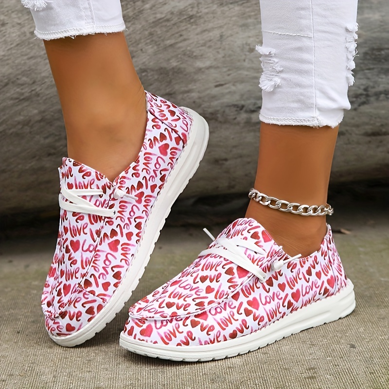 Heart & Ecg Print Canvas Shoes, Lace Up High Top Thick Soled