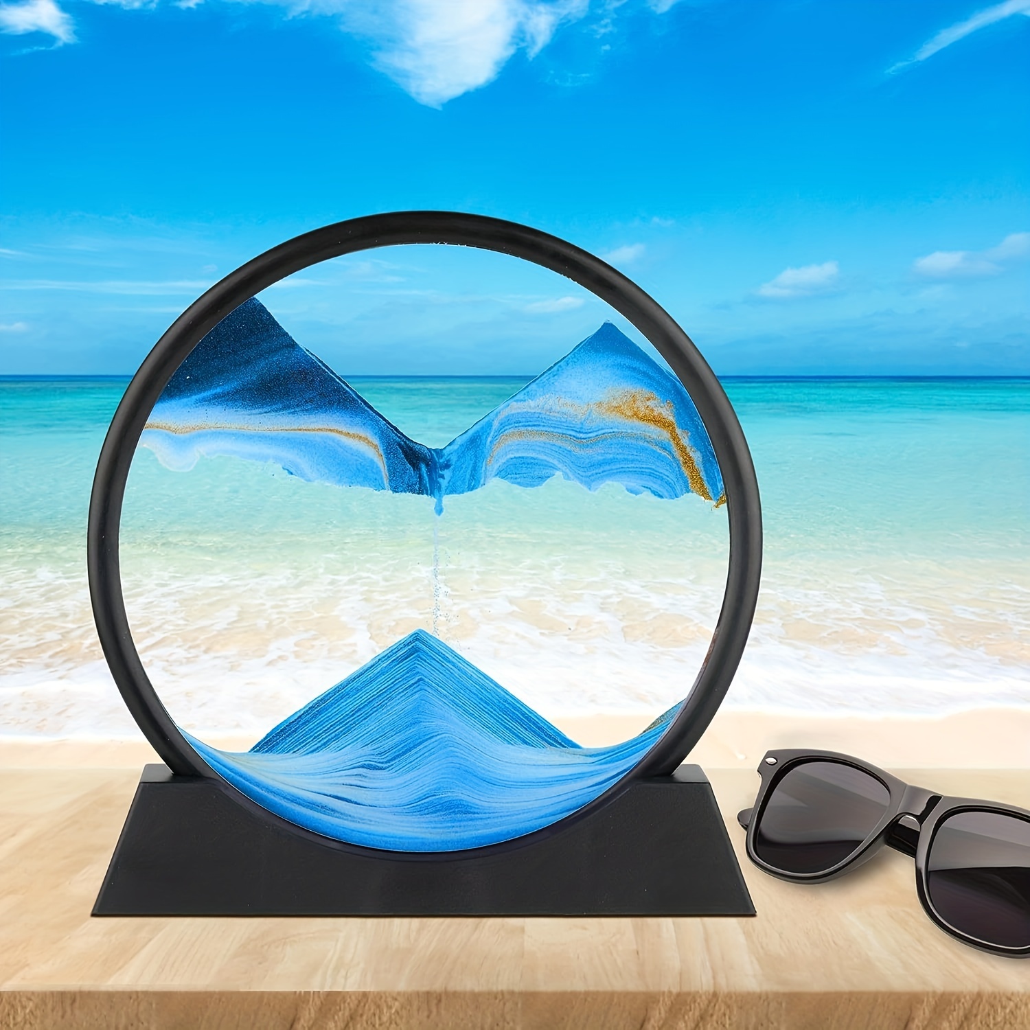 Image d'art de sable mobile Décor d'océan, mouvement liquide de paysage de  mer profonde 3D, cadre en verre rond Sable qui coule Cadeau relaxant pour