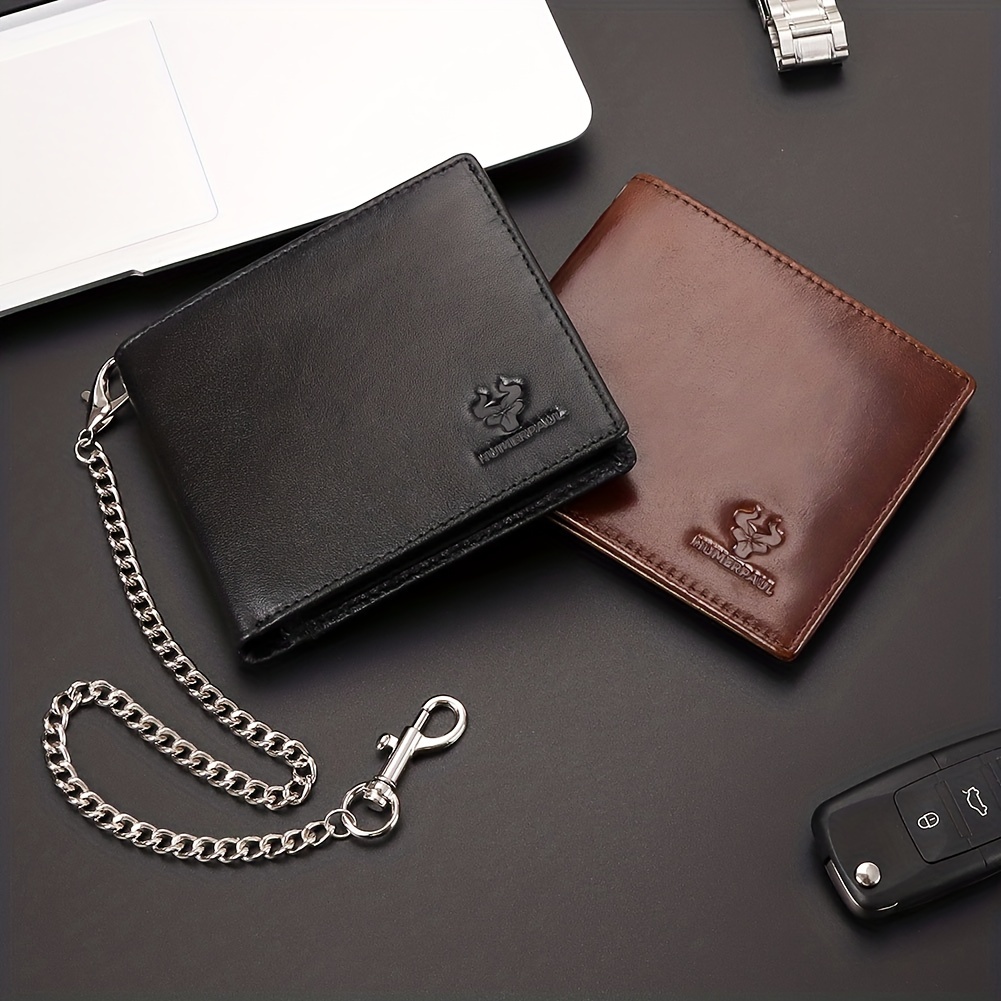 bill heart Mens Wallet with Chain Genuine Leather Purse RFID Blocking  Bifold Double Zipper Coin Pocket with Anti-Theft Chain