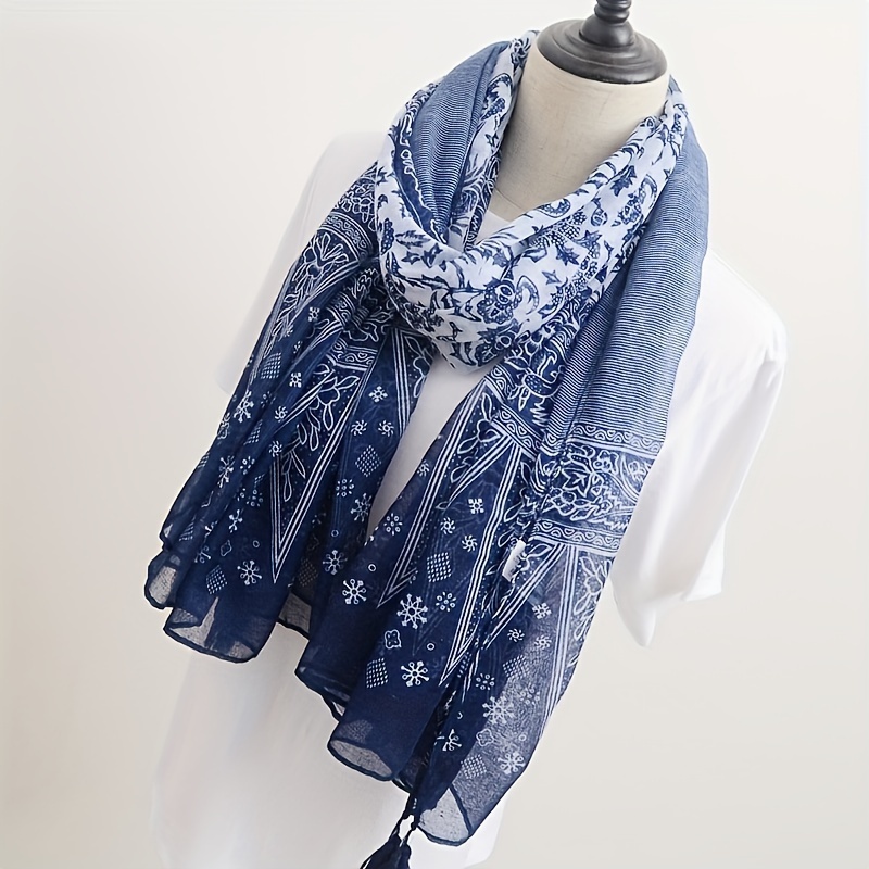 Navy Blue Floral Print Scarf Vintage Tassel Shawl Boho - Temu