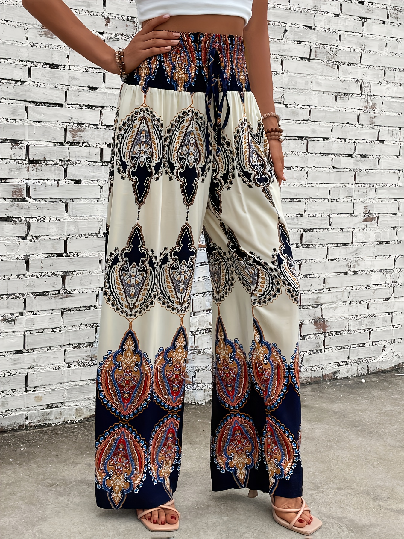 Ethnic Graphic Print Pants Boho Shirred Waist Long Length - Temu