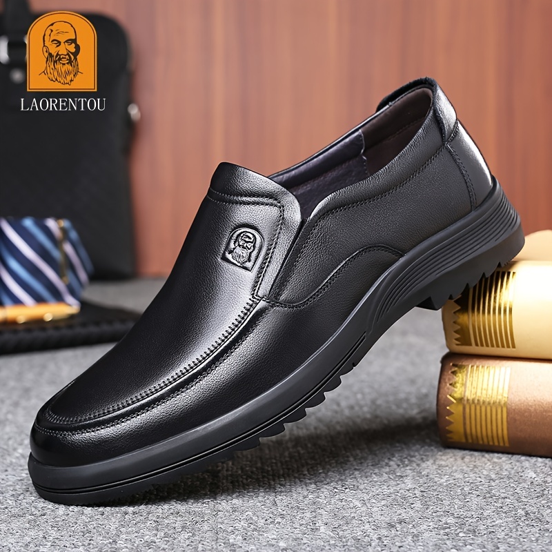Men's Genuine Leather Round Toe Dress Shoes, Durable Non Slip