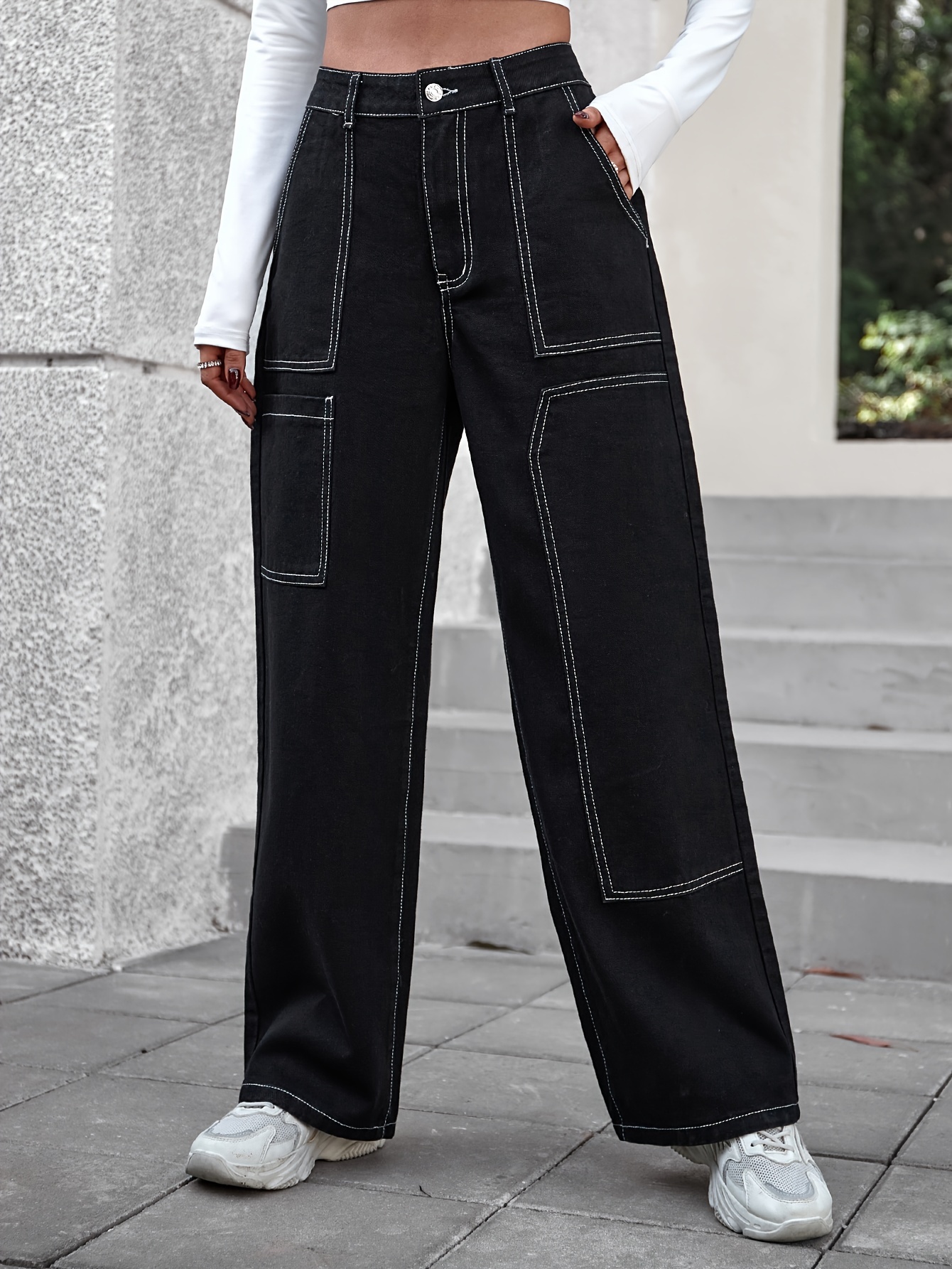 Pantalones Vaqueros De Pierna Ancha Con Bolsillo Parcheado Negro,  Pantalones Cargo Sueltos Y Sin Elasticidad De Estilo, Jeans Y Ropa De Mujer  De Mezcl